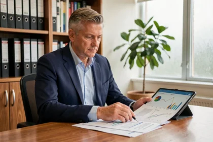 Conseiller financier analysant des documents sur une SCPI investie en Ehpad dans un bureau professionnel