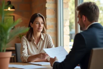 Une femme consulte un conseiller bancaire dans une agence moderne en Occitanie pour gérer ses solutions bancaires personnelles