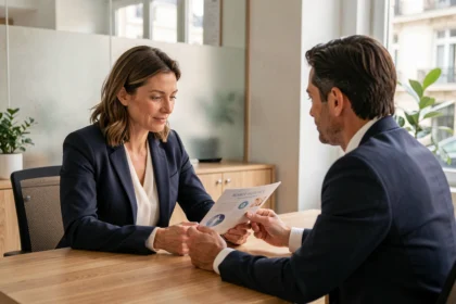 Femme consultant un conseiller en mutuelle santé dans une agence Harmonie à Tours