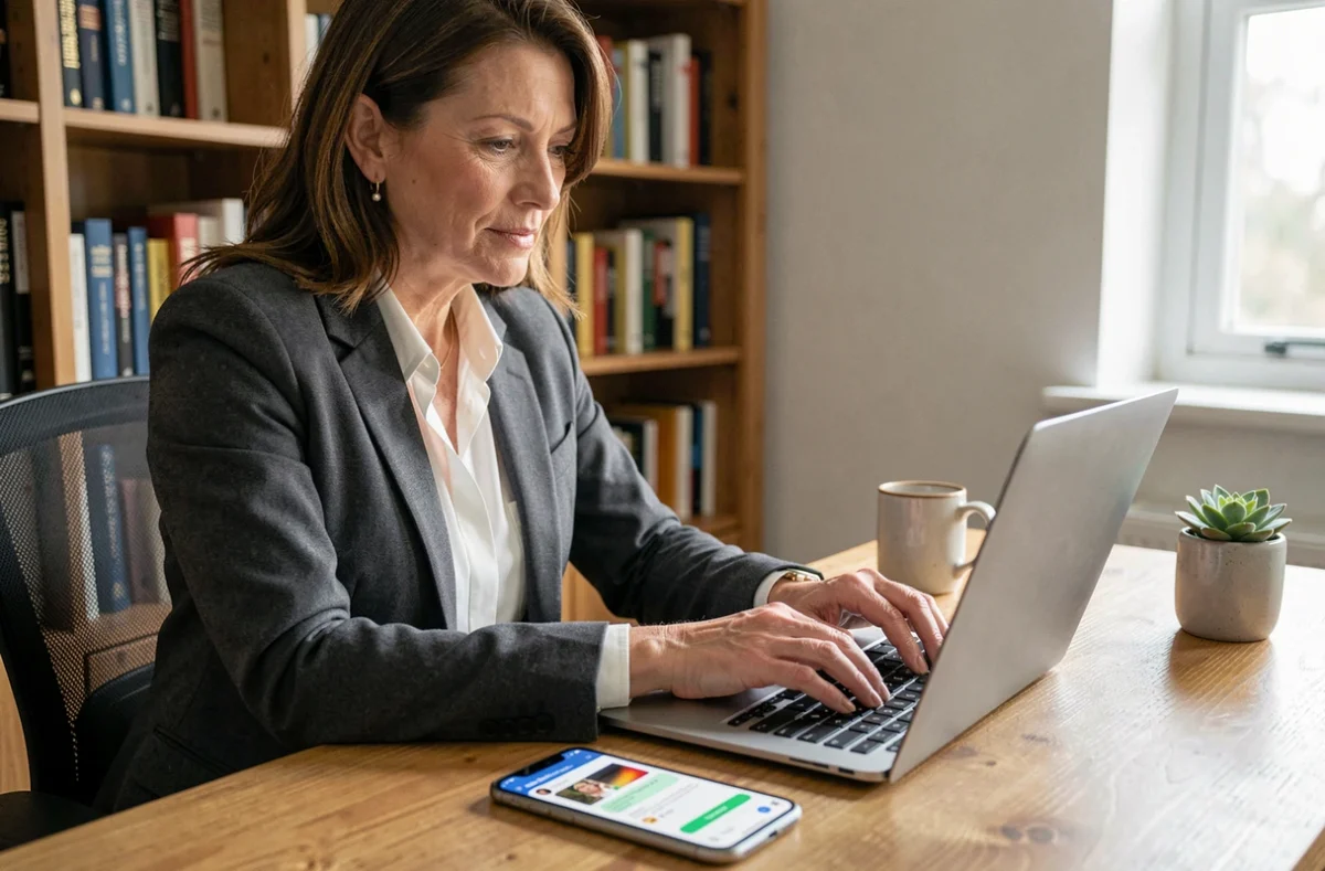 Femme contactant le service clients Lydia depuis un bureau à domicile via ordinateur et smartphone