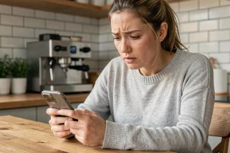 Femme utilisant l'application Lydia sur son smartphone en situation d'urgence dans une cuisine moderne