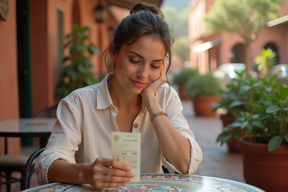 Femme calculant mentalement la conversion dirham en euros sur une terrasse de café à Marrakech