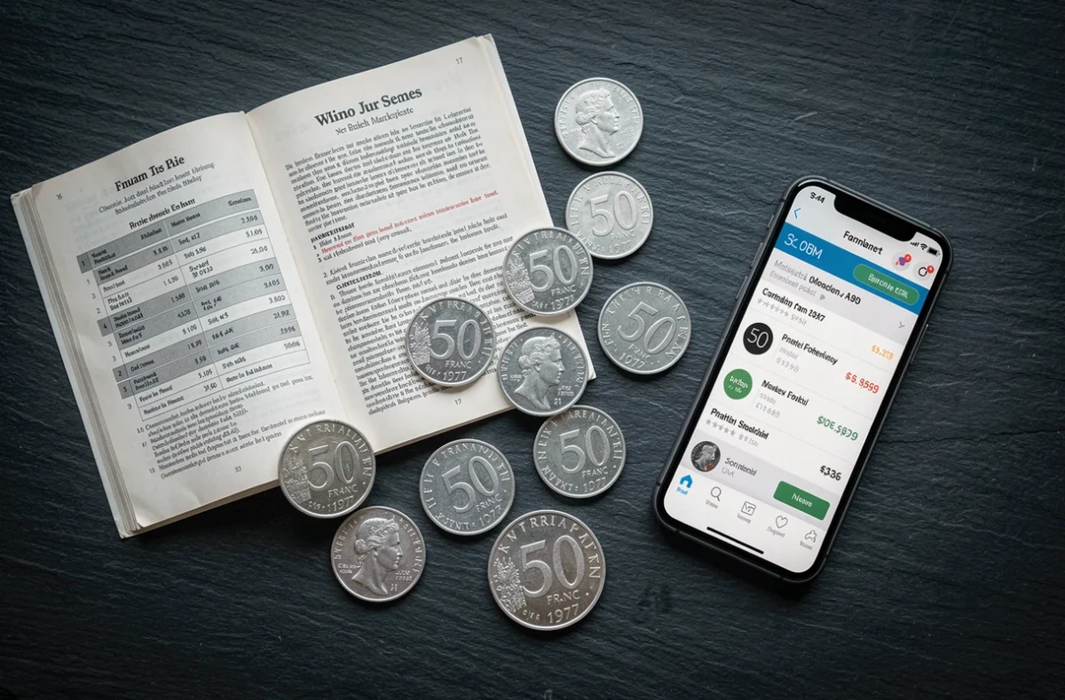 Plusieurs pièces argent 50 francs 1977 avec guide de cotation et smartphone montrant une annonce mal évaluée, erreurs fréquentes en vente entre particuliers