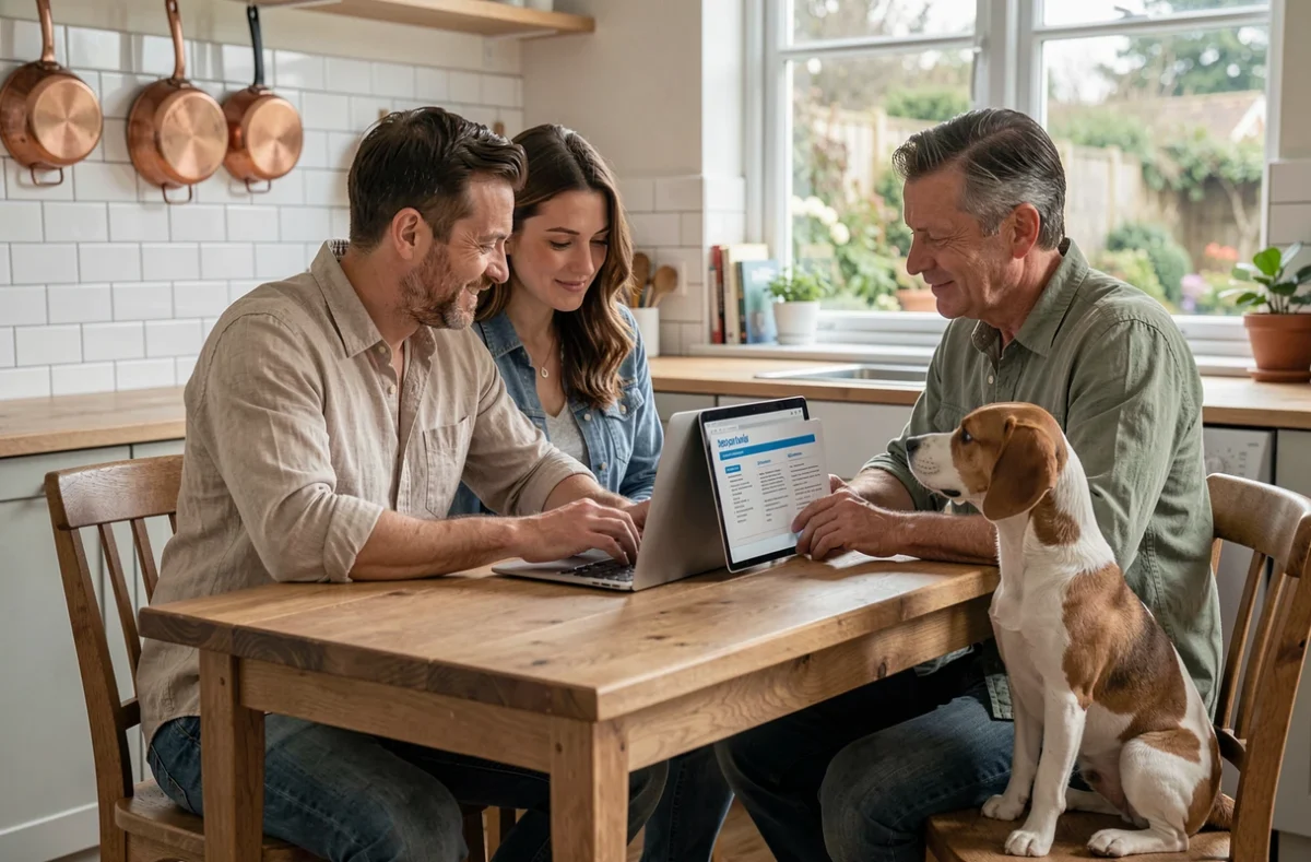 Couple examinant une police d'assurance pour leur chien beagle sur un ordinateur portable dans une cuisine familiale