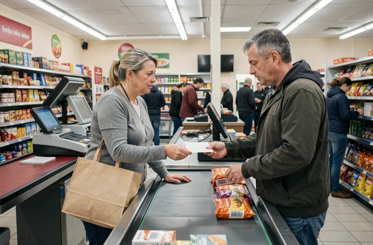 Couple utilisant un chèque différé à la caisse d'un supermarché Leclerc lors de leurs courses