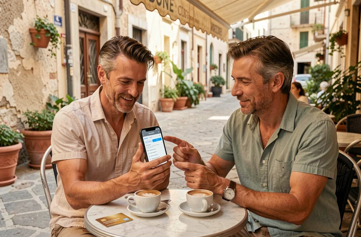 Couple consultant les garanties d'assurance de leur carte Visa Gold sur smartphone en terrasse de café lors d'un voyage en Europe, illustrant la couverture voyage d'une carte bancaire premium