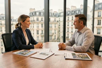 Un couple de patrimoine discutant avec un conseiller financier d'un investissement en SCPI Immorente dans un bureau moderne