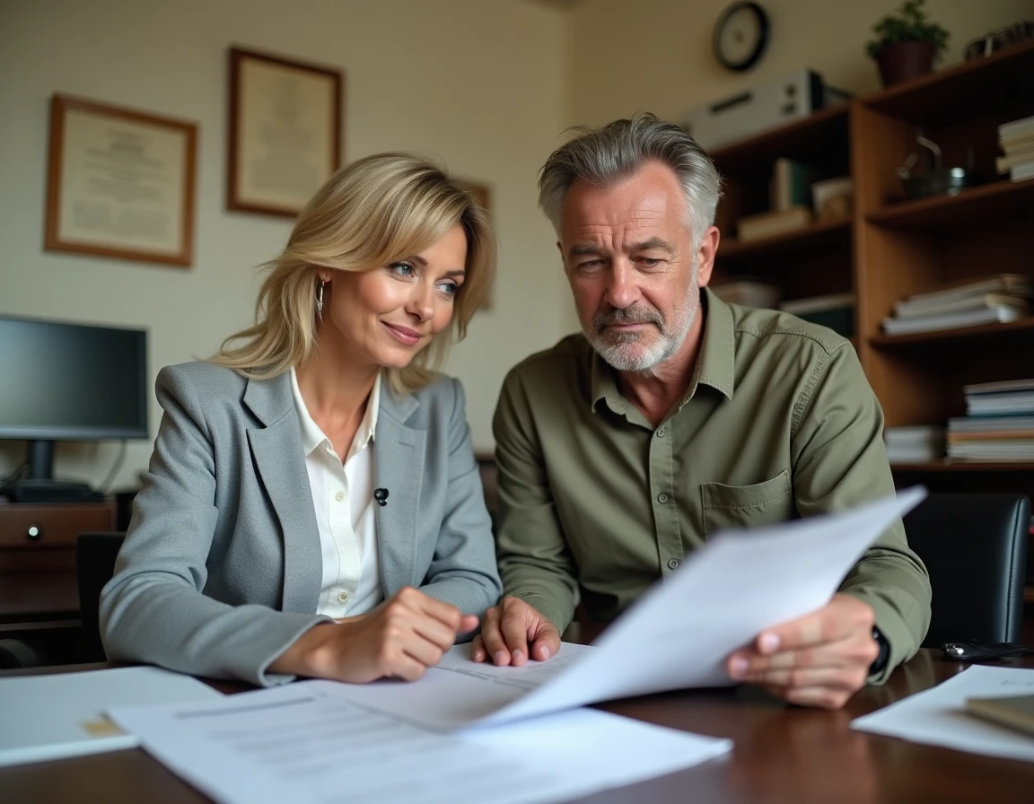 Couple consultant un conseiller fiscal pour comprendre le formulaire 2041-DPTF-SD et les conditions d'exonération de taxe foncière en 2026