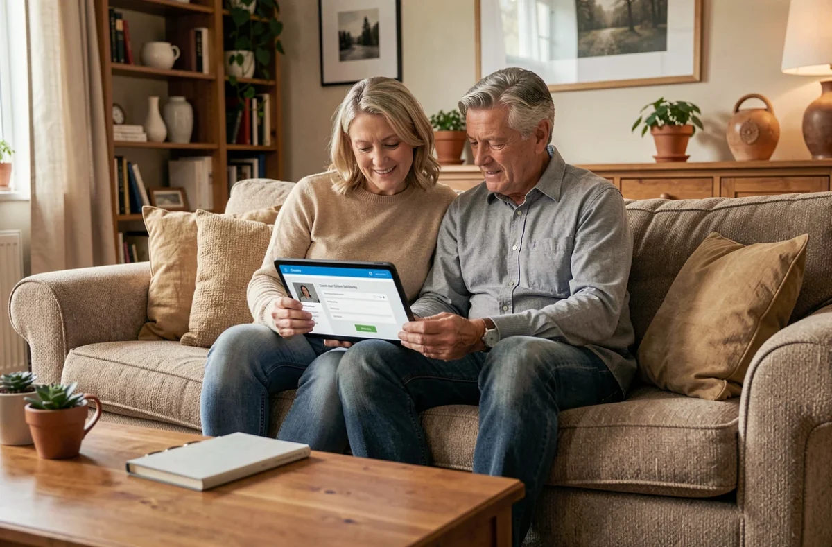Couple consultant ensemble leur espace client bancaire CMB sur une tablette dans un salon confortable