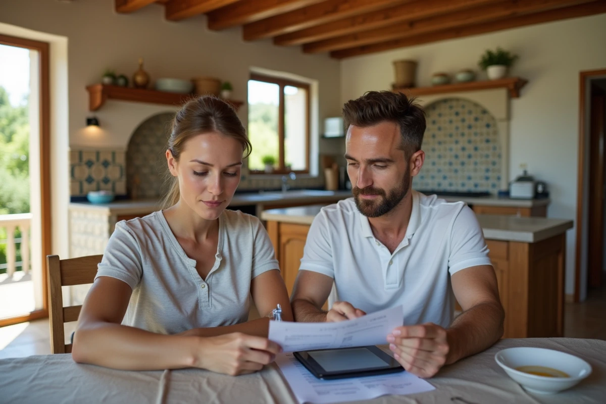 Un couple consulte ses relevés bancaires et une application financière sur tablette dans une maison de style occitan près de Nîmes