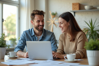 Jeune couple souriant analysant investissements immobiliers