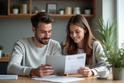 Couple dans la cuisine moderne examine des documents financiers