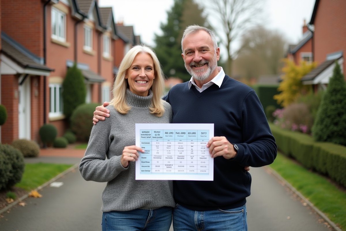 Couple discutant devant une maison avec un graphique de taux immobilier