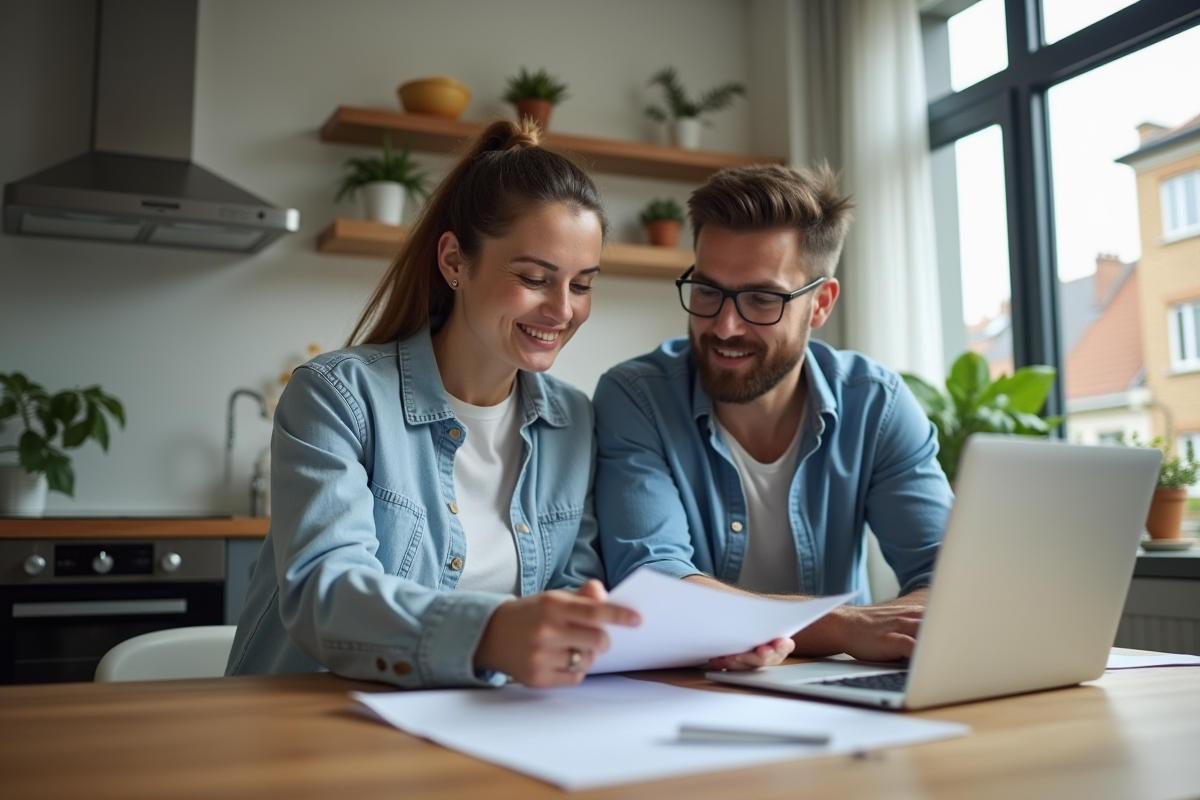 Couple en discussion sur un prêt immobilier dans un appartement moderne