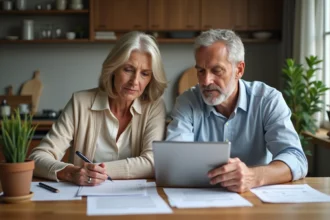 Couple d'âge moyen discutant de leurs économies de retraite