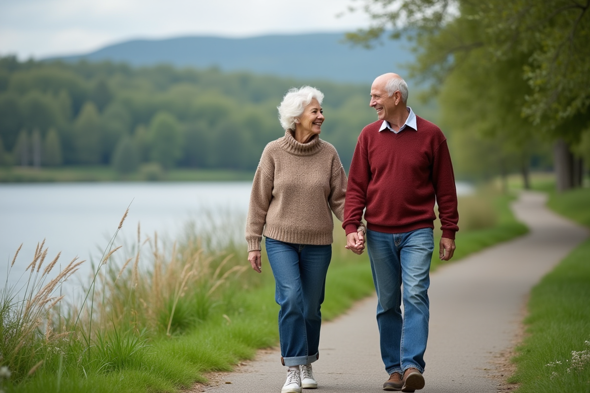 Couple retraité souriant se promenant au bord du lac