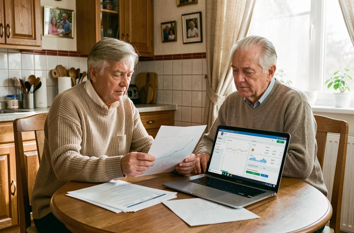 Couple de seniors examinant leur épargne immobilière investie dans une SCPI à leur domicile