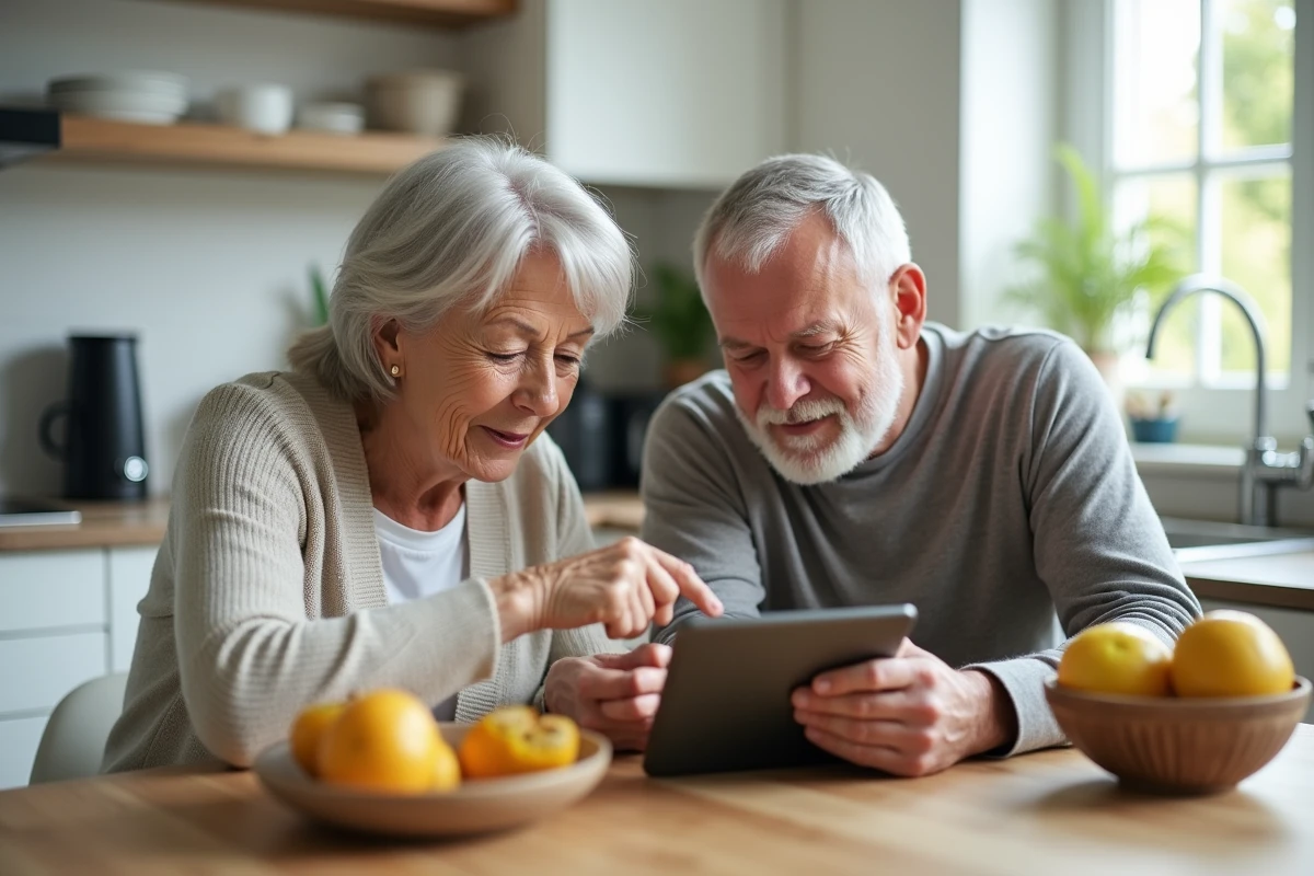 Couple de seniors gérant leurs finances en ligne avec une tablette depuis leur cuisine