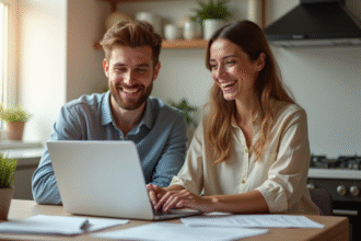 Jeune couple souriant à la cuisine avec documents et ordinateur