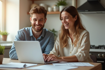 Jeune couple souriant à la cuisine avec documents et ordinateur