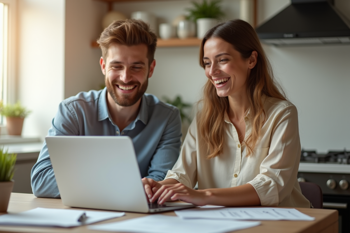 Jeune couple souriant à la cuisine avec documents et ordinateur