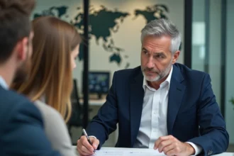 Courtier en assurance voyage conseillant un couple dans un bureau professionnel avec des documents de comparaison de prix