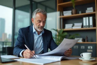 Courtier en assurances consultant un magazine professionnel à son bureau pour sa veille sectorielle