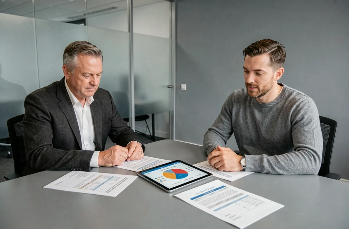 Courtier immobilier et client analysant ensemble un plan de financement SCPI avec simulation de crédit sur tablette
