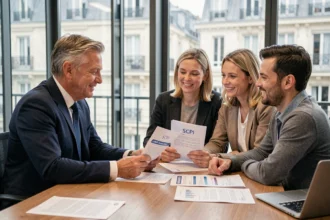 Courtier en crédit immobilier conseillant un couple sur un investissement SCPI dans un bureau professionnel moderne à Paris