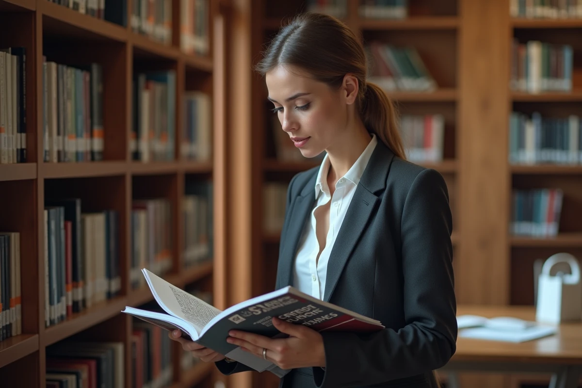 Courtière en assurances consultant un magazine sectoriel dans une bibliothèque professionnelle spécialisée