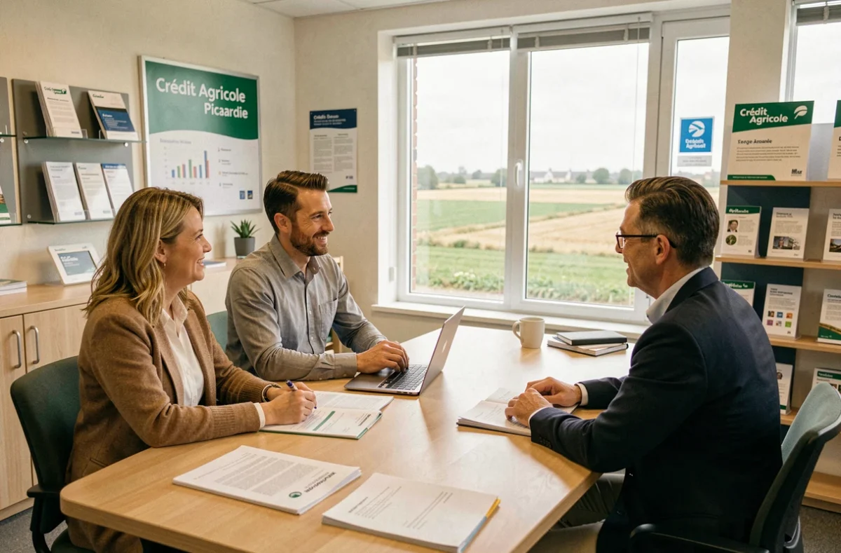 Un couple en réunion avec un conseiller de la Banque Crédit Agricole Brie Picardie dans une agence lumineuse