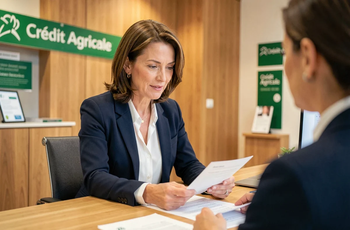 Conseillère du Crédit Agricole Nord de France discutant avec un client dans une agence moderne