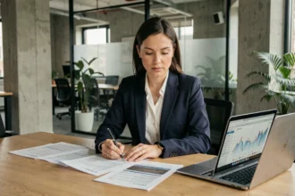 Femme d'affaires analysant un arrangement de surveillance de crédit pour une startup dans un bureau moderne