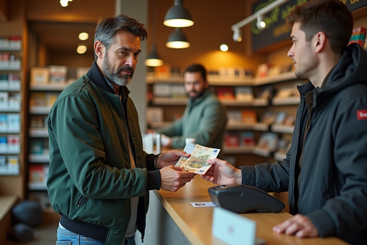 Homme effectuant un dépôt d'espèces chez un buraliste agréé Nickel en cas d'urgence financière avec billets en euros et carte bancaire