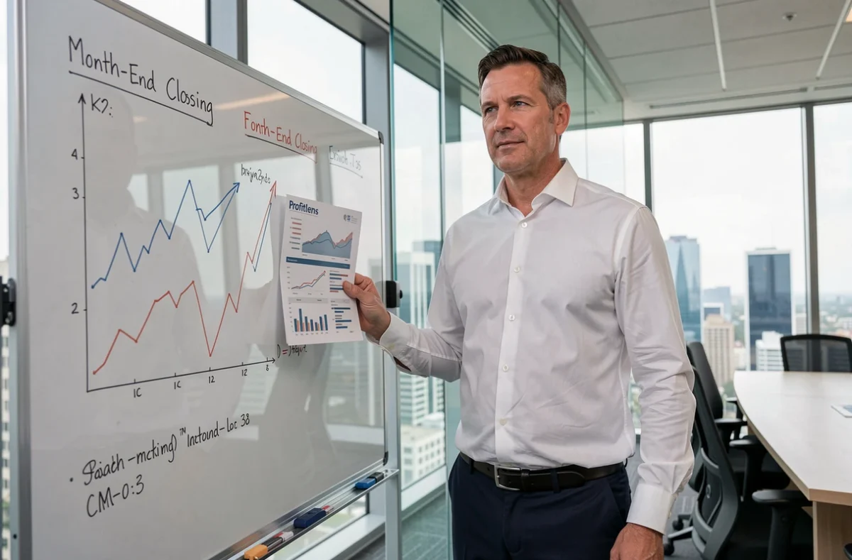 Directeur financier présentant un rapport de clôture mensuelle devant un tableau blanc dans une salle de réunion