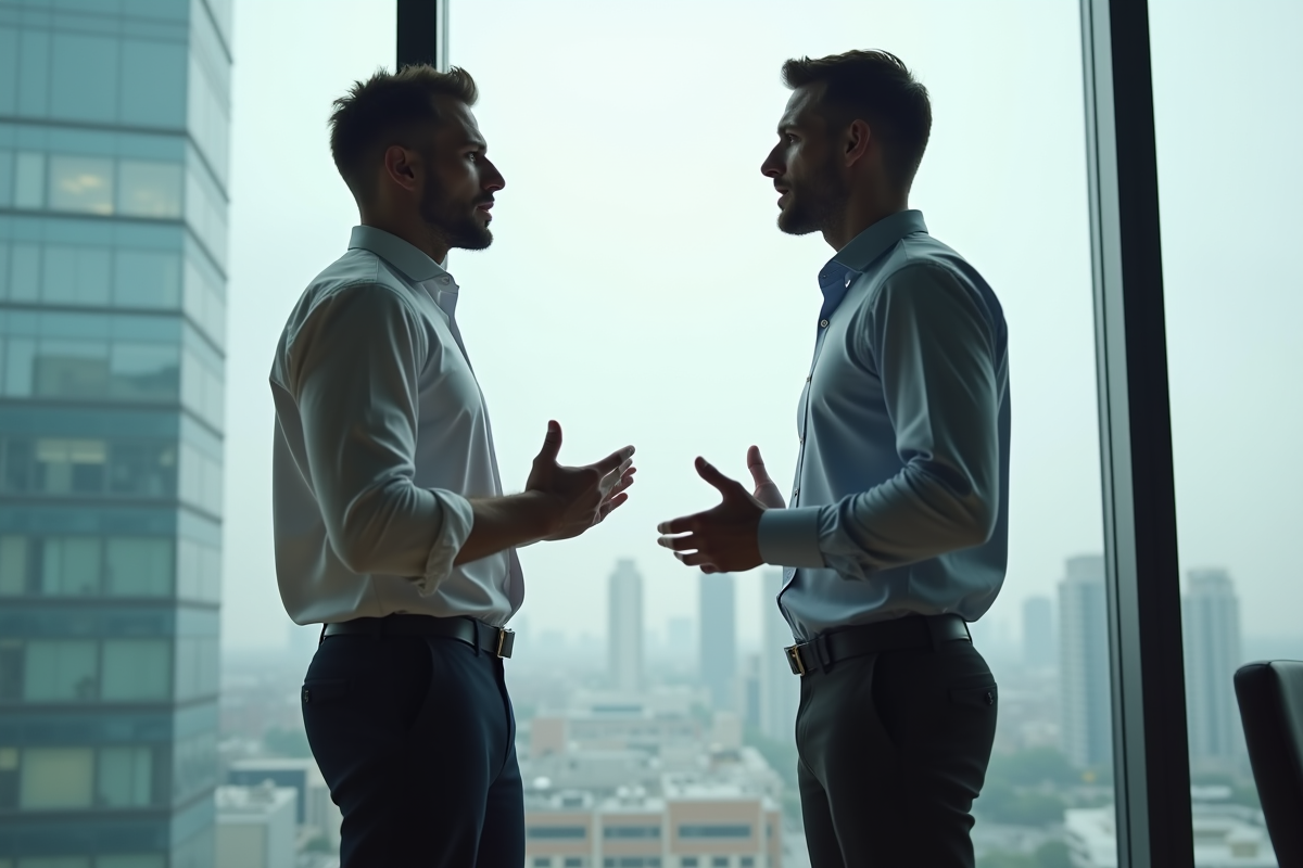 Deux hommes discutant dans une salle moderne
