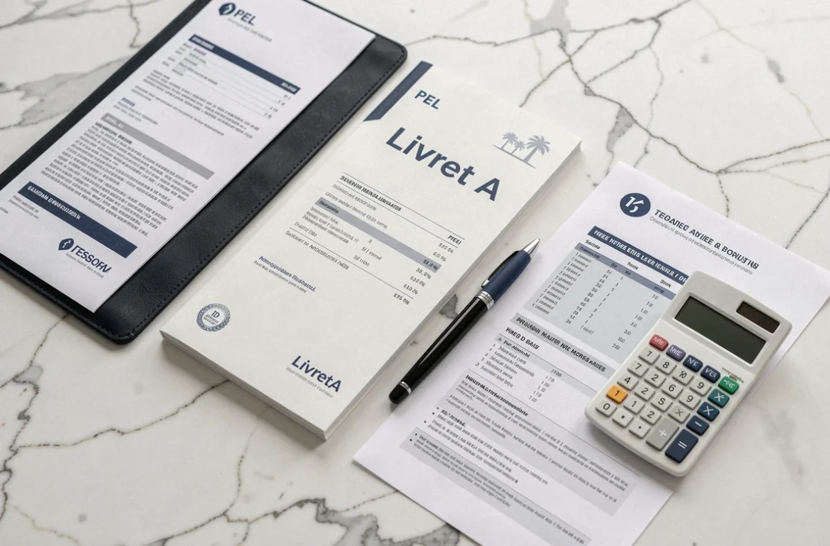 Vue de dessus de documents financiers incluant un livret A, un dossier PEL et un tableau de frais de clôture posés sur une surface en marbre blanc