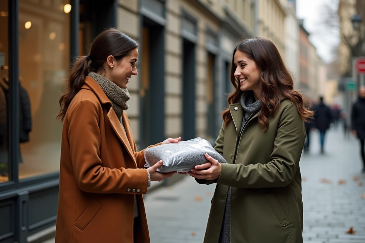 Deux femmes effectuant un échange de vêtements dans la rue illustrant une transaction Vinted sécurisée via Mangopay