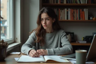 Jeune écrivaine débutante travaillant sur un vieux laptop dans un petit appartement modeste avec des notes manuscrites éparpillées