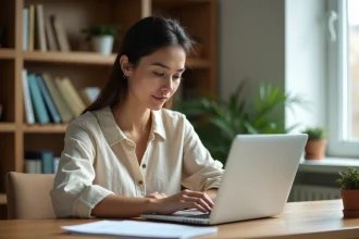 Femme envoyant un email à Cetelem depuis son bureau à domicile pour gérer un crédit en cours