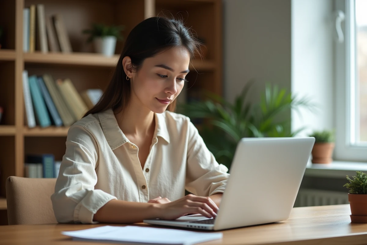Femme envoyant un email à Cetelem depuis son bureau à domicile pour gérer un crédit en cours
