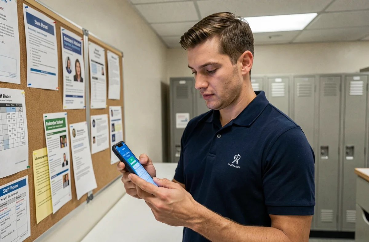 Employé de commerce consultant une application de calcul de salaire net Smic pour un temps partiel de 25 heures en salle de pause