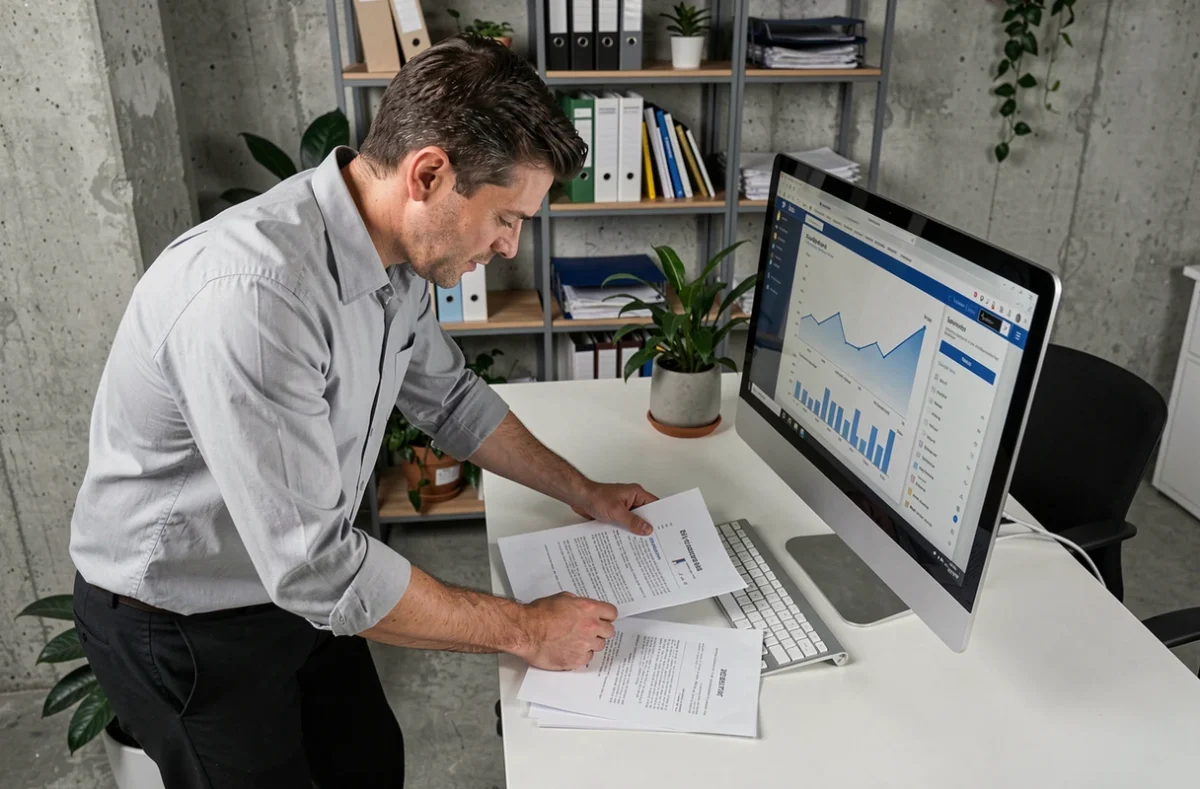 Entrepreneur comparant des documents bancaires professionnels Boursorama sur son bureau épuré