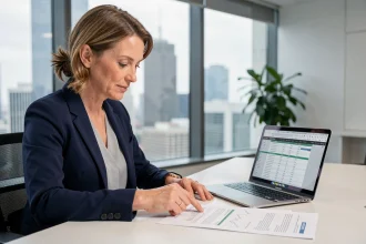 Femme cadre analysant des documents d'épargne salariale dans un bureau moderne