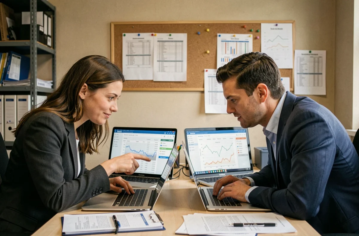 Deux collaborateurs financiers comparant des tableaux de bord de reporting sur ordinateurs portables dans un bureau comptable