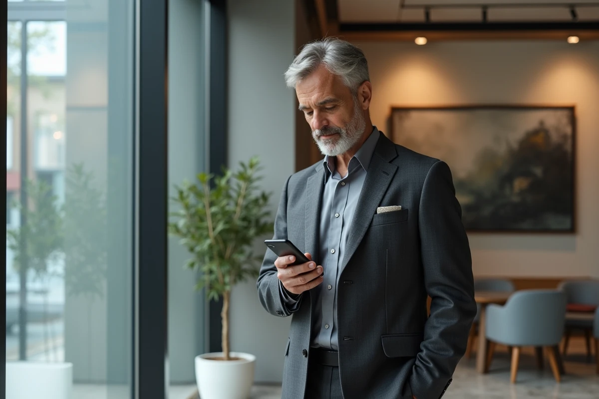 Homme d'affaires consultant son espace client de banque privée BNP Paribas sur smartphone dans un salon haut de gamme