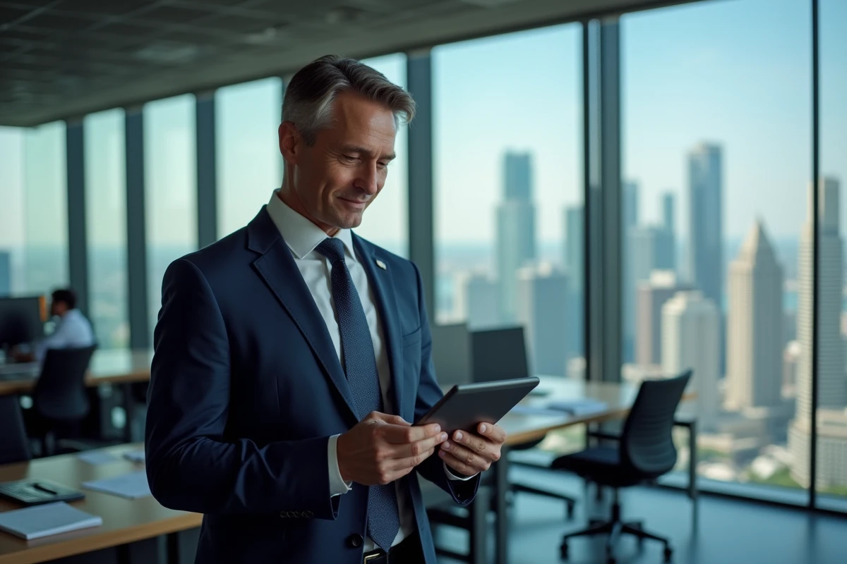 Homme d'affaires en costume bleu analysant des graphiques