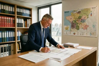 Expert immobilier professionnel en Bourgogne-Franche-Comté consultant des documents dans un bureau moderne avec vue sur la ville de Dijon