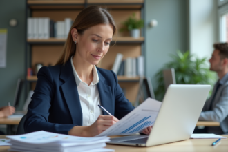 Femme d'affaires examinant des documents financiers au bureau
