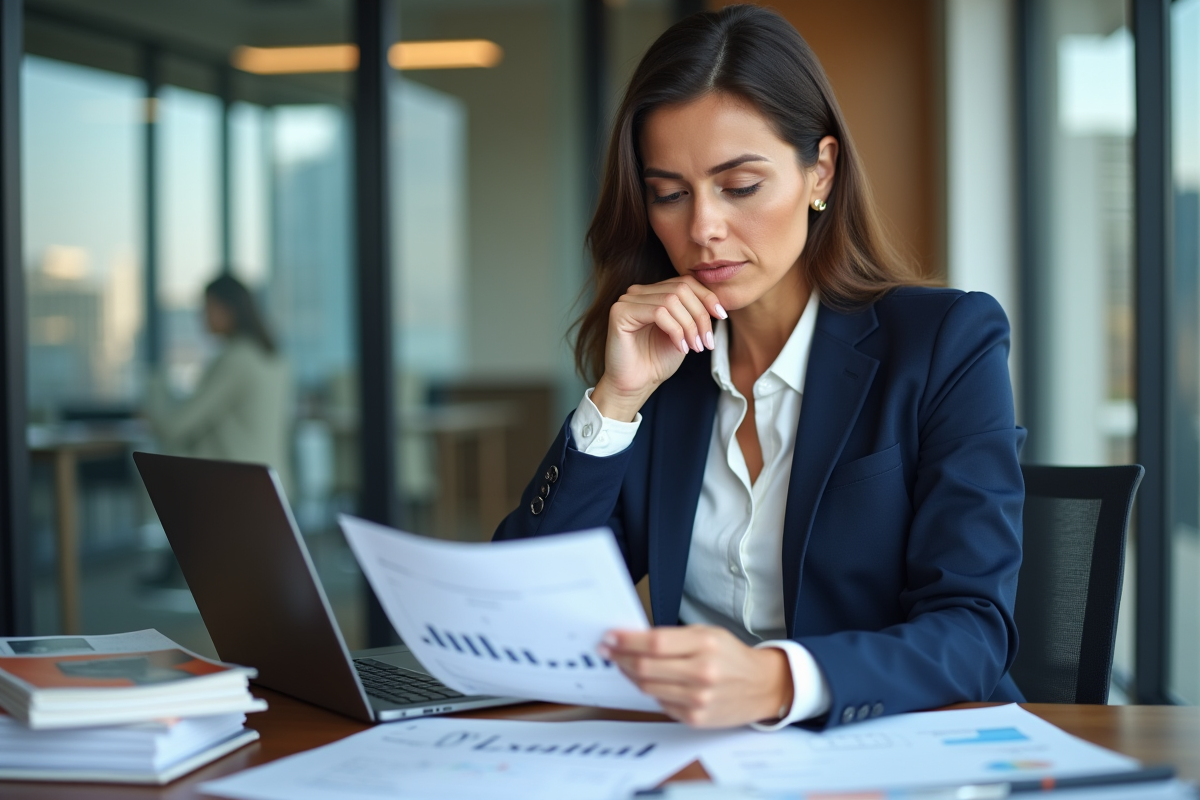 Femme d'affaires en réunion analysant des feuilles de calcul